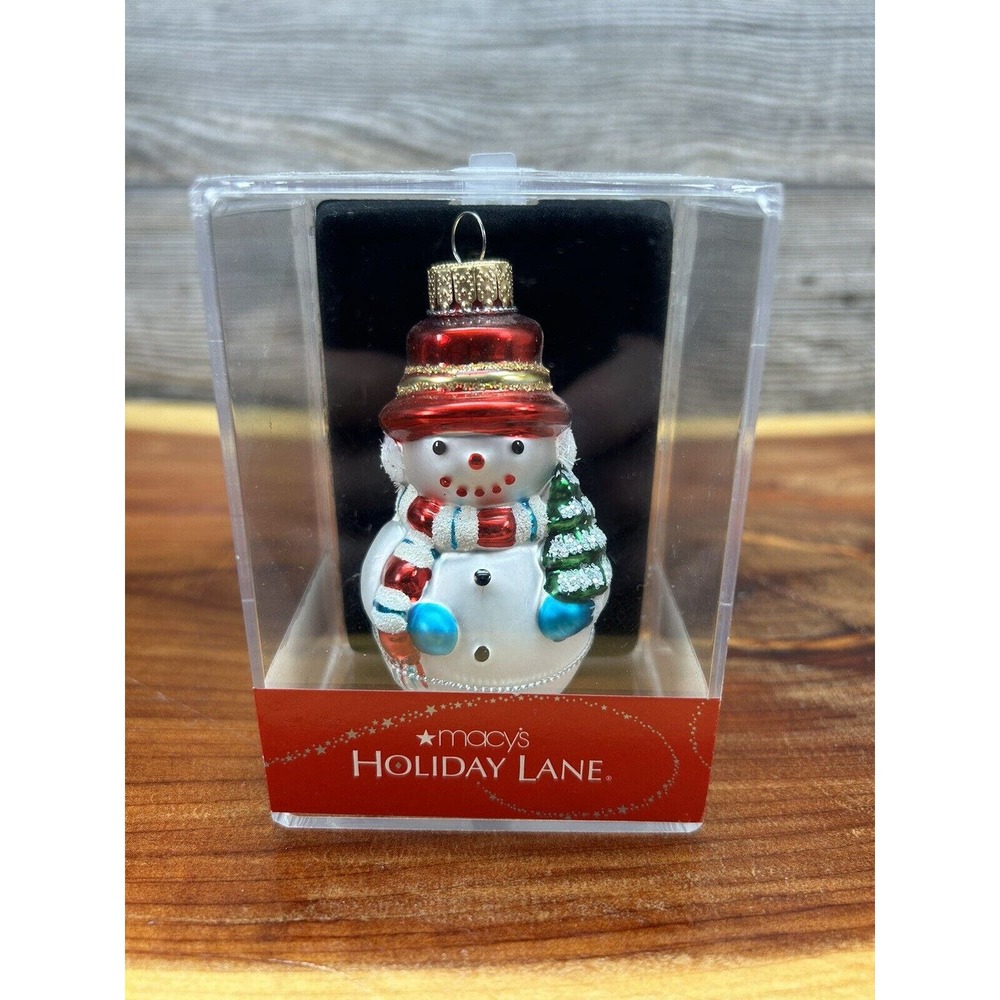 Macy's Holiday Lane Glass Snowman Collectible Christmas Ornament NIB